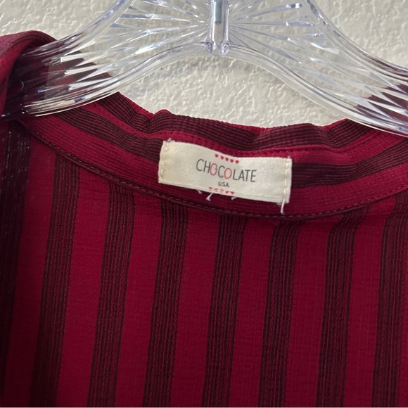 Chocolate USA Wine Red Striped Tie-Front Faux Wrap Top Long Sleeve Crop Shirt S - Picture 7 of 9